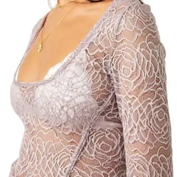 Free People Women In My Head Sheer Lace Square Neck Bodysuit Lavender Small - Picture 2 of 11